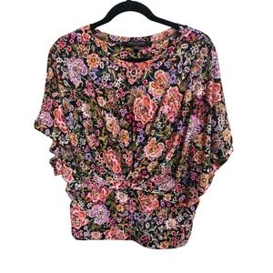 Cynthia Steffe Womens Floral Twist Front Dolman Sleeve Blouse Black Pink XL